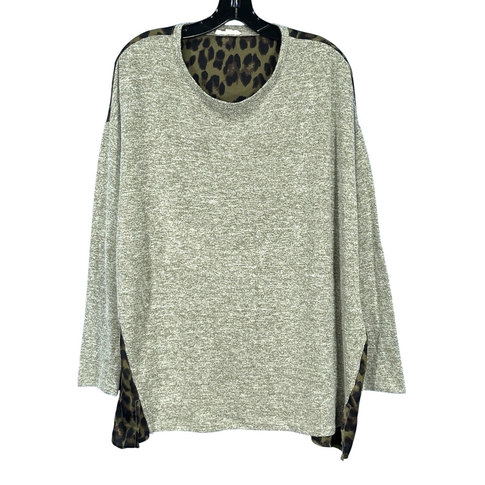 EASEL Heather Green Knit GEORGETTE LEOPARD PRINT IN BACK Oversized BLOUSE/TOP M